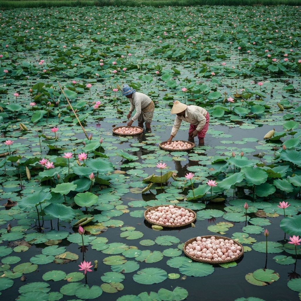 Traditional makhana farming in lotus ponds